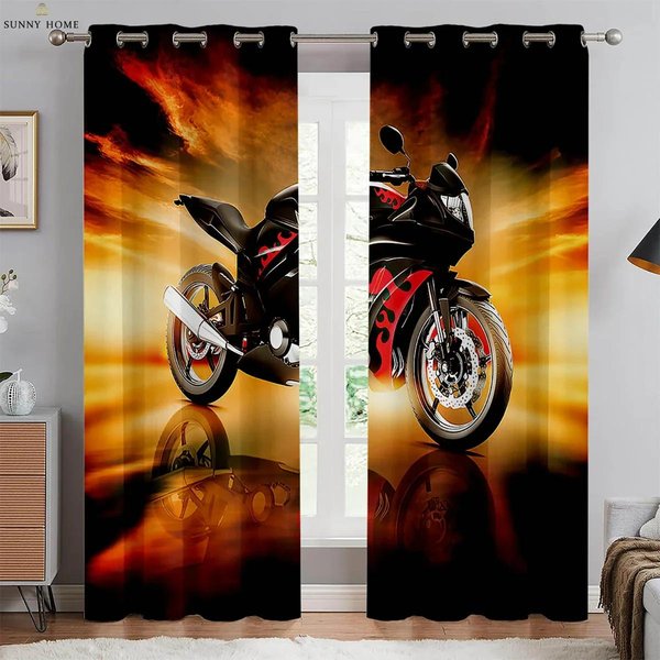 Cortinas Impresas En 3D De Motocicleta Genial 100% PoliéSter Dormitorio Sala De Estar Cocina Club DecoracióN De Ventana Cortinas 2 Piezas W91.5Xh160(Cm)X2Pcs&Rod Pocket-image