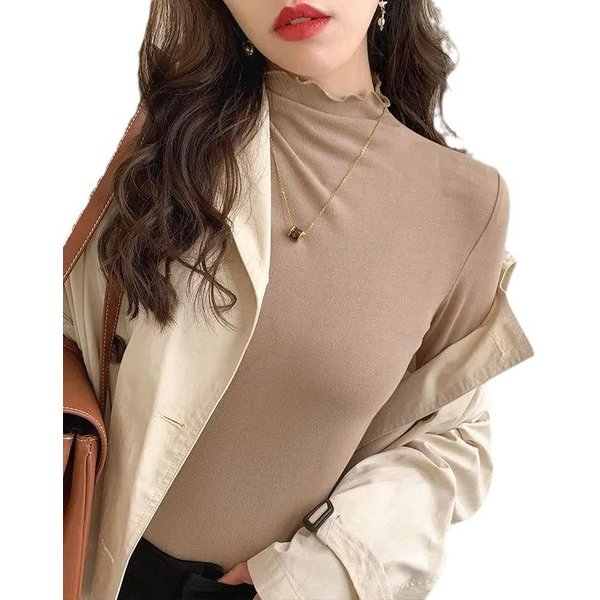 Camiseta Base De Terciopelo AlemáN De Cuello Alto Para Mujer Con Nuevo OtoñO E Invierno De Manga Larga, Orejas Negras Con Top Grueso De Estudiante A La Moda 3XL Beige-image