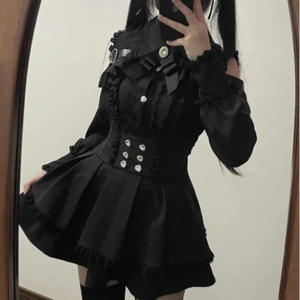 Jirai Kei StróJ Lolita DziewczęCa Bluzka Kobiety Koszula Z DłUgim RęKawem Kawii Kokarda Czarne SpóDnice Koszule Y2K SłOdki JapońSki Styl Damy Zestaw XL-image