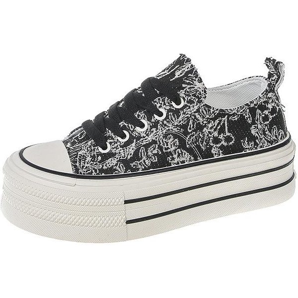Zapatos De Lona Con Plataforma Bordados Para NiñOs Verano Nuevos Ins De Moda Muestran Altura VersáTiles Zapatos Blancos PequeñOs 40 Negro-image