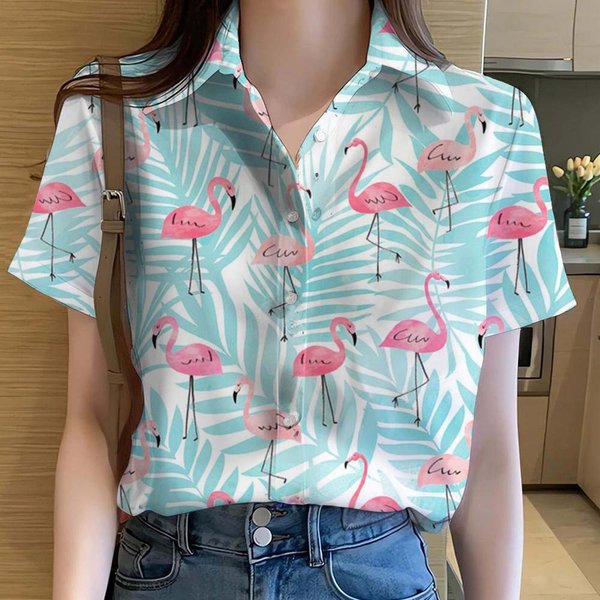 Camisa Para Mujer Dibujo Animado Animal Flamenco ImpresióN 3D Casual Hawaiana Manga Corta Botones Camisa De Playa Verano Milenio Ropa Para Mujer L Gray-image