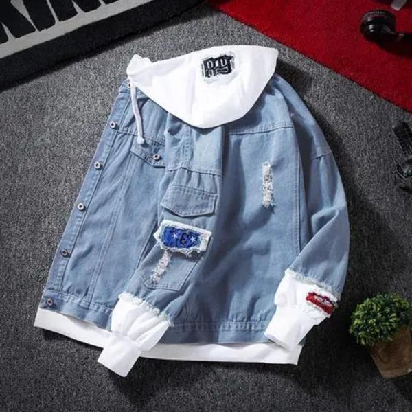 Jesienna Kurtka Damska Modna Kurtka DżInsowa Z Kapturem Ripped Bomber Jacket Damska Kurtka DżInsowa Typu Basic L Niebieski-image