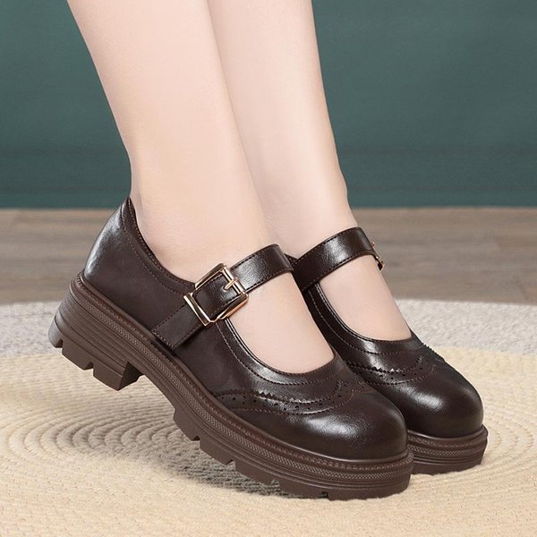Zapatos De Cuero Para Mujer Con Correa ÚNica, Zapatos De Suela Gruesa Con TacóN Grueso, Zapatos Mary Jane Retro De Primavera 36 MarróN-image
