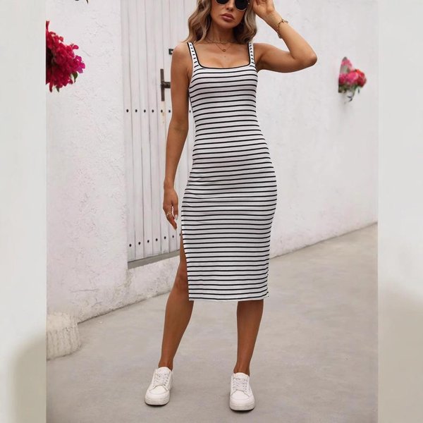 Vestido De Punto A Rayas Con Tirantes Para Mujer Verano Sin Mangas CeñIdo A La Cintura Falda Larga Vacaciones En La Costa Falda De Cadera XL Gray-image