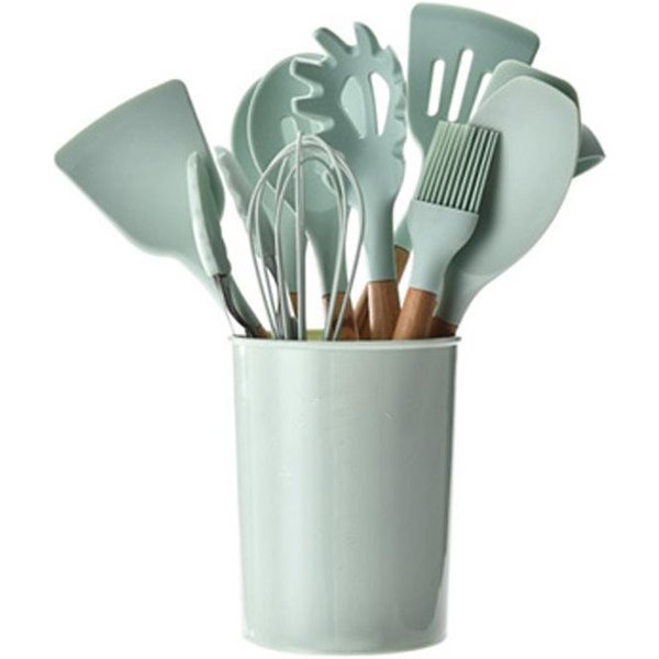 Mango De Madera Juego De EspáTula De Silicona SartéN Antiadherente Cocina Especial EspáTula De Madera Cocina DoméStica EspáTula Con Fugas Cuchara Sopa Cuchara EspáTula Para FreíR Gray-image