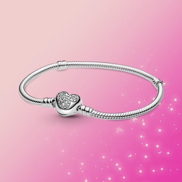 925 Sterling Silver Bransoletka Moments Sparkling Moments Mysz Serce ZapięCie Bransoletka ŁAńCuch WężA Kobiety BiżUteria Prezent 21Cm Pink-image