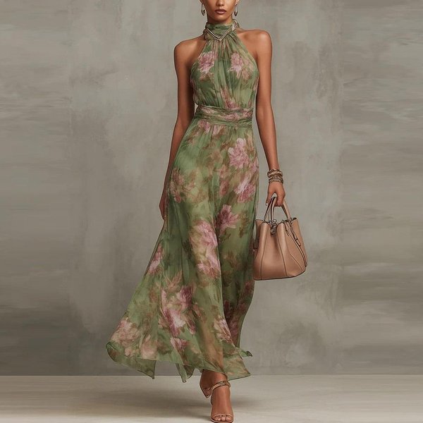 Vestido Largo De Gasa Con Estampado Floral Y Cuello Halter Para Mujer, Sin Mangas Con CinturóN, LíNea A, Fluido, Estilo Boho, De Verano Para La Playa 3XL Verde-image