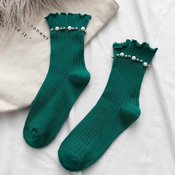 Calcetines Kawaii De Color SóLido Para Mujer Calcetines Dulces Para NiñAs Lindos Calcetines Con Perlas Moda Coreana Harajuku Vintage Calcetines Con Volantes EUR 34-39 White-image