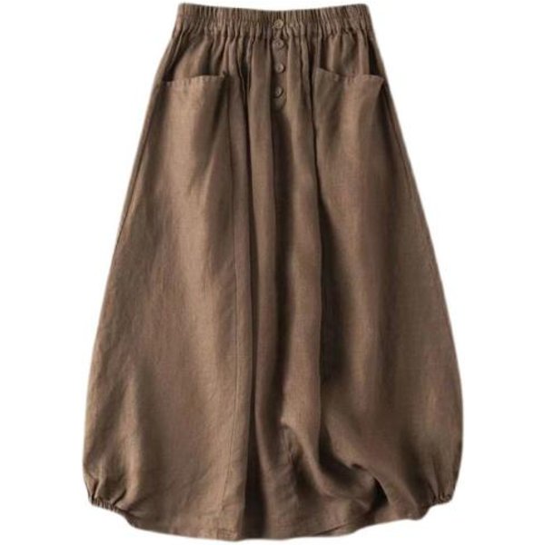 Wysoka Talia, Elastyczny Pas, Kieszenie, Ozdobne Guziki, DużA SpóDnica Midi, Damska, Jednokolorowa SpóDnica Retro W KształCie Litery A XL Khaki-image