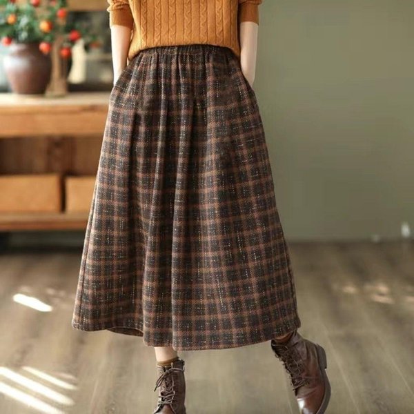 Faldas Midi De Cuadros Vintage Para Mujer Holgadas De Cintura Alta Corte A MáS Gruesas Estilo FrancéS Bolsillos Parte Inferior Mujer Moda Elegante S Black-image