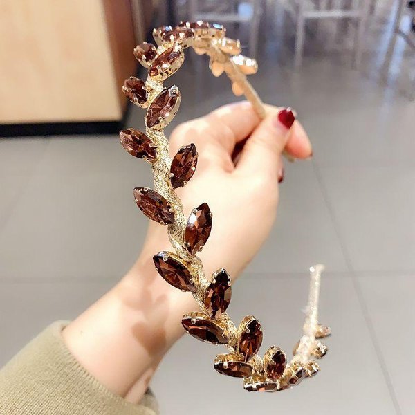 Diadema De Hojas Con PedreríA De Lujo Tocado Banda Para El Cabello Brillante Hecha A Mano Cristal De Flor Barroca Aro Para El Pelo De Boda Diadema Beige-image