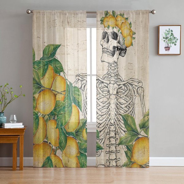 Cytryna Owoc Czaszki Retro Przezroczyste ZasłOny Do Dekoracji Salonu ZasłOny Okienne Do Kuchni Tiul Woal Organza ZasłOny W135 X H115Cm X1 Gray-image