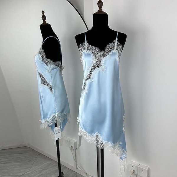 Vestido sexy Irregular De SatéN Y Encaje Para Mujer Moda Cuello En V Dobladillo Tirantes Minivestidos Nueva Moda Fiesta Vestidos Vestido Camisola L-image