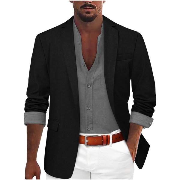 Chaqueta De Traje Casual Para Hombre En Mezcla De Lino Color Caqui Claro M Negro-image