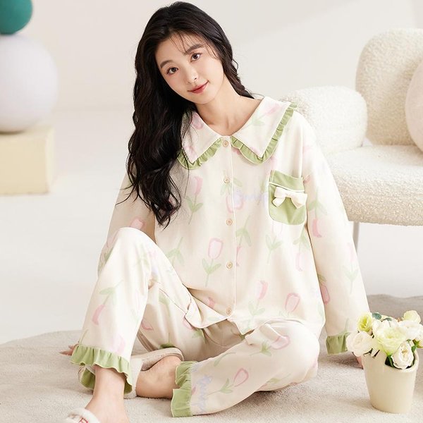 Conjunto De Pijama Rosa De Oso Lindo Para Mujer Manga Larga PantalóN Largo OtoñO Invierno Kawaii Ropa De Dormir Suave Pijamas NiñA Pijamas Acogedores De AlgodóN 2XL Beige-image