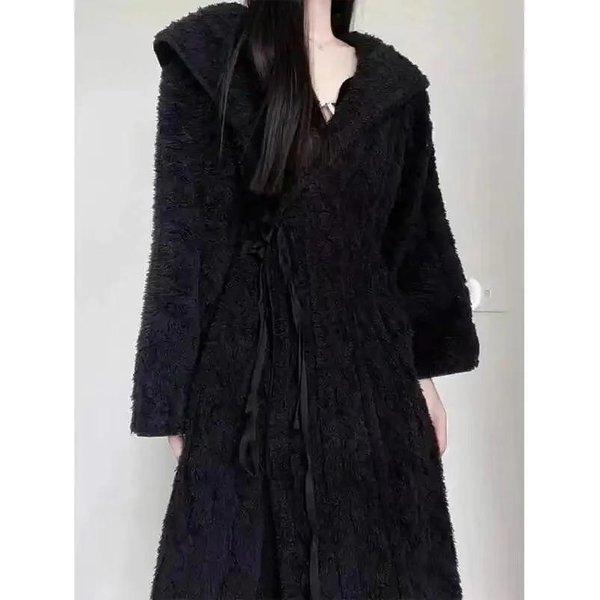CamisóN De Forro Polar Coral Para Mujer Invierno Dulce Princesa Ropa De Dormir Bata Franela Gruesa Pijama Con Capucha Vestido Para Mujer Para Estar En Casa XL Negro-image