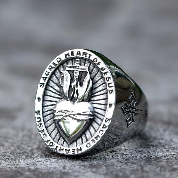 Vintage MęSki PierśCionek Ze Stali Nierdzewnej Z NajśWięTszym Sercem Religijny Retro PierśCionki Z KrzyżEm Jezusa Zbawiciela Dla MężCzyzn Kobiet Retro Amulet BiżUteria 8-image