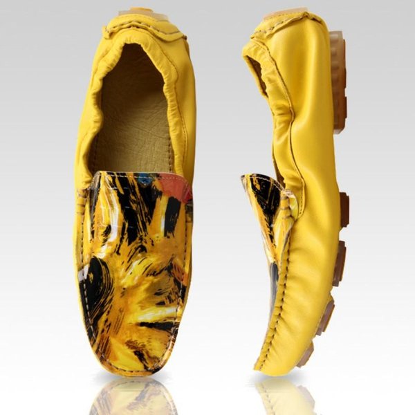 Letnie MęSkie Mokasyny Slip-On Z Nadrukiem Graffiti SkóRa BydlęCa Prawdziwa SkóRa Mokasyny Gommino Buty Do Jazdy Na Co Dzień OddychająCe Buty Na Imprezę 44 żółTy-image