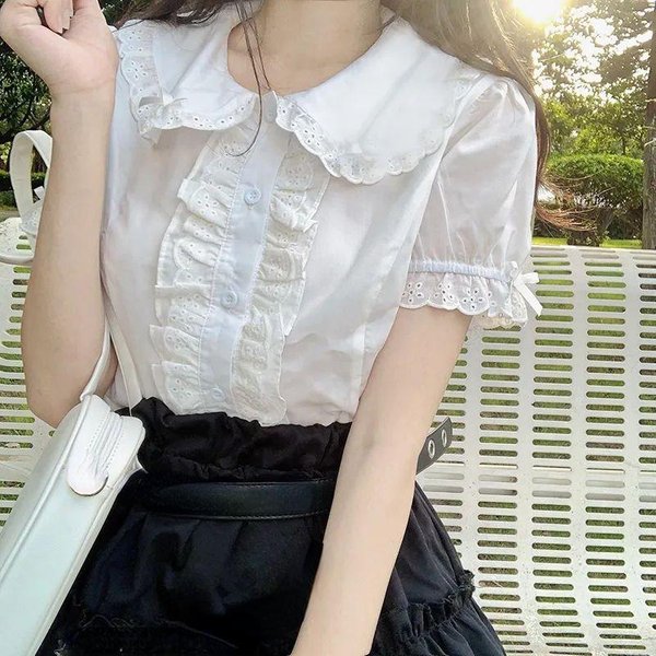 Deeptown Kawaii Lolita Bluzki BiałE Kobiety śLiczne Koronkowe Topy Koszule Z Falbankami Vintage Bufiaste RęKawy JapońSki Styl Preppy SłOdkie Topy XL BiałY-image