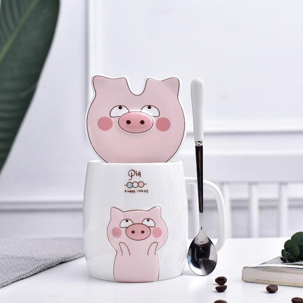 Kreatywny KreskóWkowy Uroczy Kubek Ceramiczny Z Pokrywką ŚWinia ChłOpiec I Dziewczyna Kubek Dla Pary Kubek Na Mleko Kubek Na Prezent Kubek Do Wody Do Biura 401-500Ml White-image