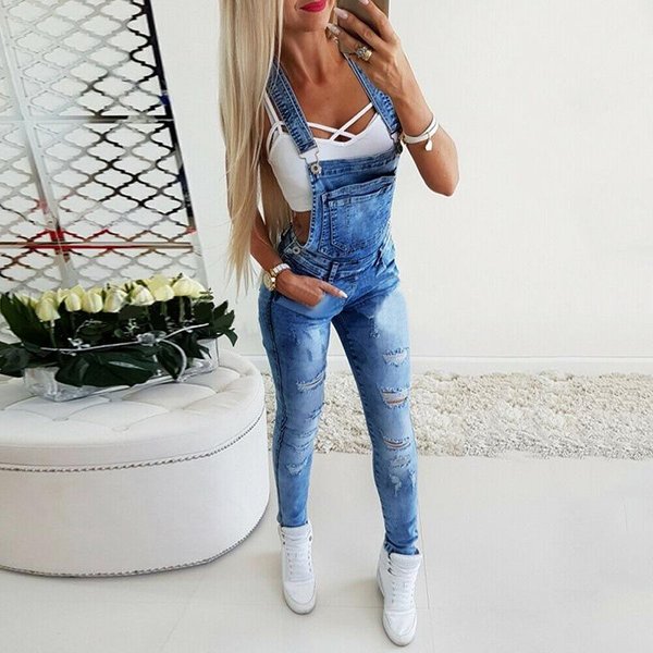 Damskie Kombinezony DżInsowe Kombinezony I Pajacyki ObcisłE DżInsy Slim Fit DłUgi Kombinezon Zgrywanie OłóWkowe Spodnie Kombinezony L-image