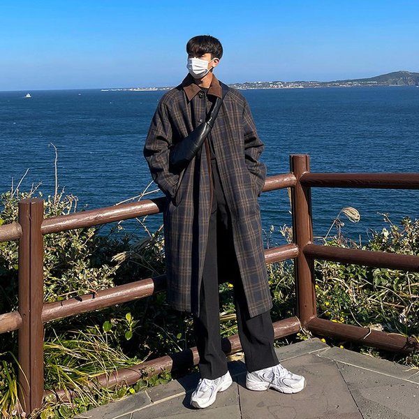 Abrigo De Lana A Cuadros Para Hombre Mediano Y Largo Tendencia OtoñO E Invierno VersióN Coreana Gabardina Abrigo Casual Suelto M Black-image