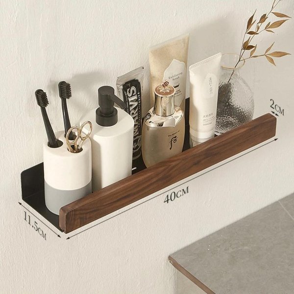 Estante De BañO Sin Perforaciones, Estante De Almacenamiento De Madera Maciza, Estante De Madera Sin Perforaciones, Organizador De Inodoro Para Ducha Montado En La Pared-image
