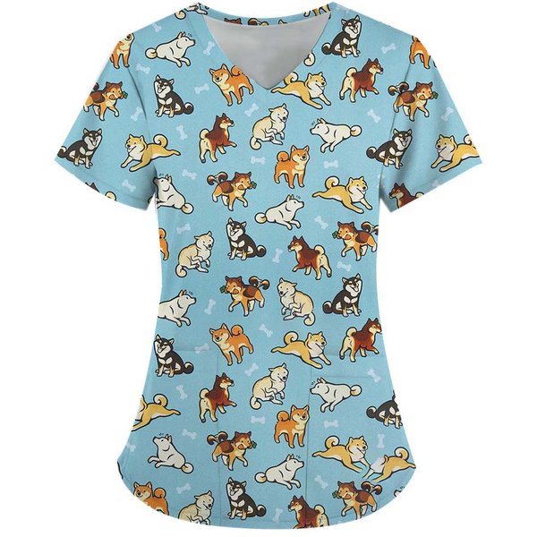 Uniformes QuirúRgicos Mujer Scrub Cuello En V Manga Corta Tops Uniformes MéDicos Para Mujer Uniformes ClíNicos Para Veterinarios Lindo Estampado De Dibujos Animados De Cachorro S-image