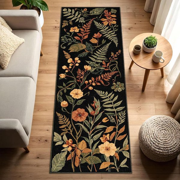 Rustykalny Kwiatowy Dywanik Do Przedpokoju AntypośLizgowy Zmywalny Biegacz Kuchenny Vintage Kwiaty Botaniczne Paprocie Nadruk Mata PodłOgowa Do Dekoracji Domu W Stylu Boho 50X150Cm-Felt-image