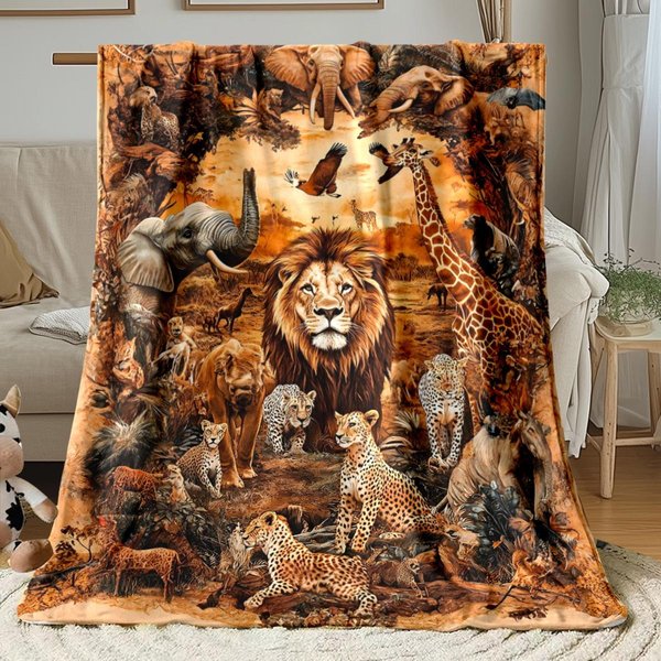 Manta De Animales De Safari Africano LeóN Elefante Jirafa Manta Polar Escena De Vida Silvestre Naturaleza Suave CáLida DecoracióN Para Todas Las Estaciones 150X230Cm59X91In-image