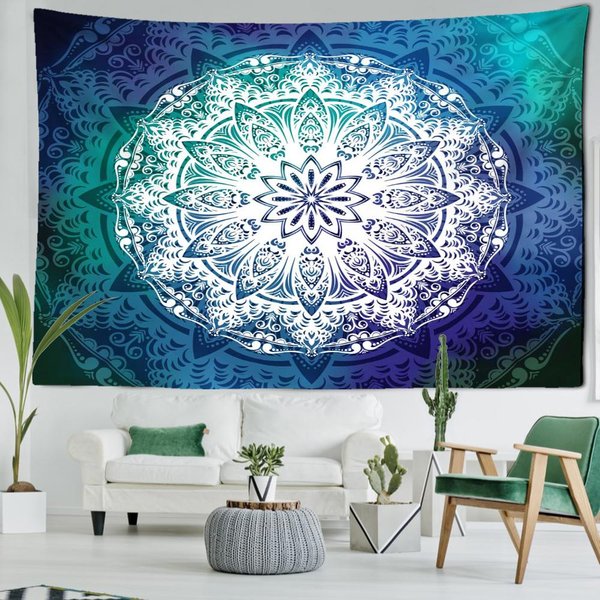Tapiz De Mandala Azul Y Verde Para Colgar En La Pared, Arte Floral, Tapiz Hippie Misterioso, DecoracióN EstéTica Para Sala De Estar Y Hogar 150X100Cm-image
