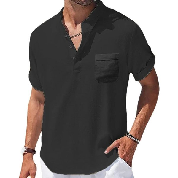 Camisas De AlgodóN Y Lino De Verano Para Hombre, Camisas De Manga Corta, Camisetas Casuales Con Cuello Henry Para Hombre, Camisas, Ropa Para Hombre XXL Negro-image