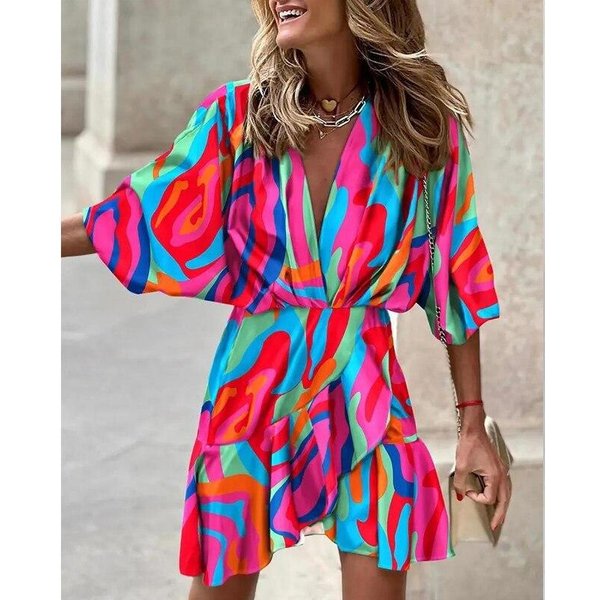 Lato Drukowana KróTka Sukienka Dekolt W Serek Moda Kolorowe Kobiety RęKaw W KształCie SkrzydłA Nietoperza Hem Nieregularne Sukienki W Stylu Boho Wakacje LuźNa Odzież 26525 XL Blue-image