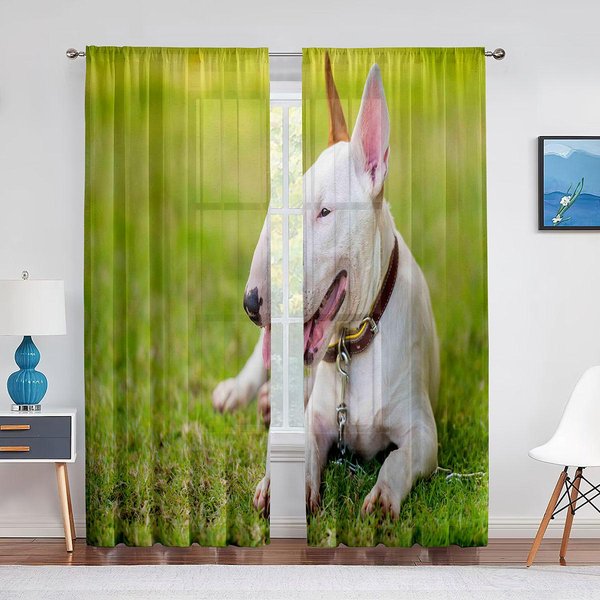 Cortina De Tul Con Estampado Animal De Perro Bull Terrier Para DecoracióN Del Hogar DecoracióN De Ventanas Dormitorio Cocina Sala De Estar Cortinas Modernas De Voile Transparentes 1 PCS W100Xh250Cm&Grommet Top-image