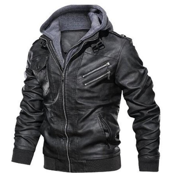Chaqueta De Cuero Vintage Locomotora Cuero PU OtoñO E Invierno Chaqueta Con Capucha Desmontable Para Hombre Xxxl-image