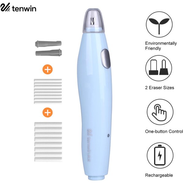 Kit De Borrador EléCtrico Tenwin Con 16 Recambios De Borrador Borrador De LáPiz Recargable Control Con Un Solo BotóN Azul-image