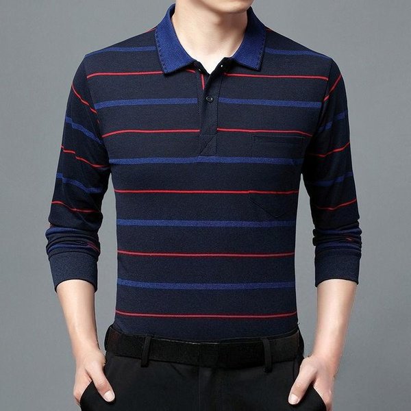 Moda Hombre Nuevo Negocios Camisas Polo Rayadas Coreano Primavera OtoñO Casual Manga Larga Solapa Bolsillos Ropa Masculina AlgodóN Tops 2025 2XL Black-image