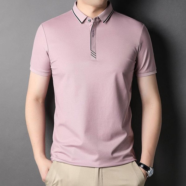 Camiseta De Manga Corta Nueva De Verano Para Hombre Camiseta Casual De Moda Juvenil Para Hombre Con Cuello De Seda De Morera 3XL Color Rosa-image
