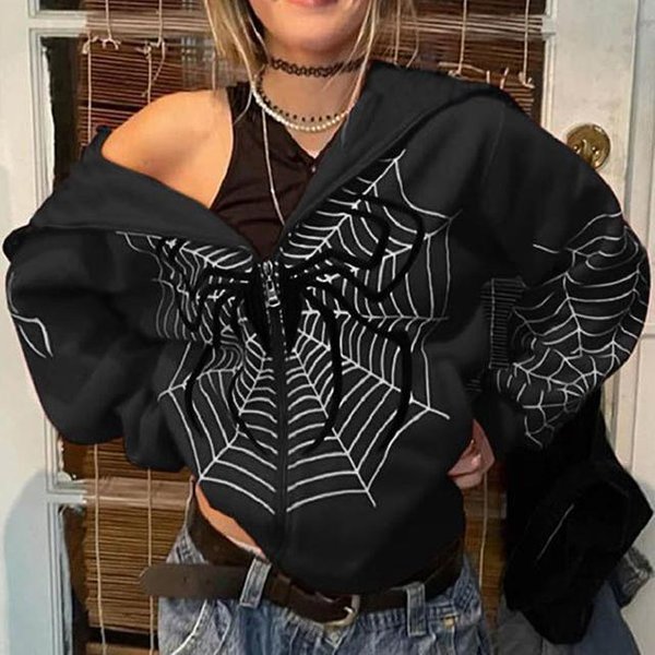 Y2K Emo Kobiety Streetwear Bluza Z Kapturem PająK Sieć Czerwone Bluzy Z Kapturem Na Zamek Grunge Bluza Oversize Gothic Harajuku Alt Kurtki Ubrania M-image