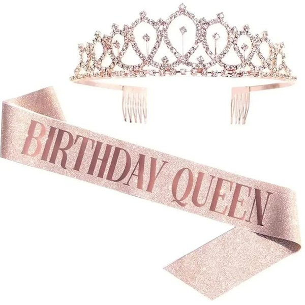 Set De Banda Y Tiara De PedreríA Reina De CumpleañOs Para Mujer Tiara Reina De PedreríA Para NiñA Accesorios Para El Cabello De Cristal Brillante Oro Rosa-image