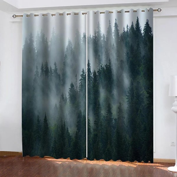 2 Piezas Cortinas Con Tema De Paisaje Natural Bosque RíO Para Dormitorio, BalcóN, Sala De Estar, Cortina Con Estampado De Bosque Verde, Visillo W60H60(Cm)X2Pcs&Hook-image