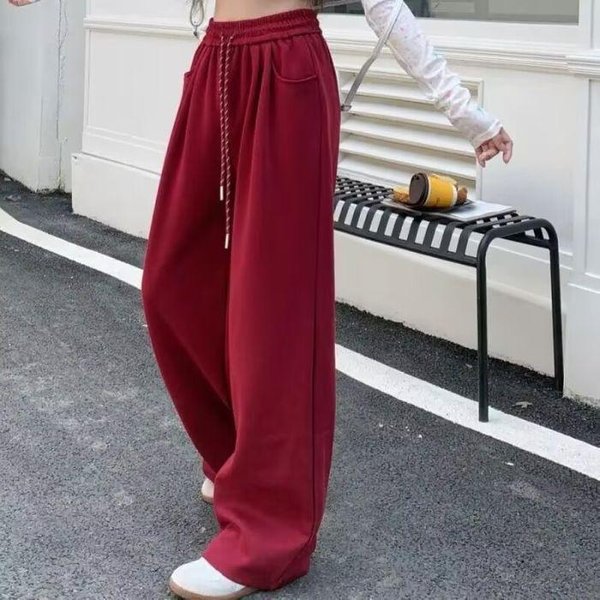Pantalones Casuales Drapeados Para Mujer Primavera Y OtoñO Nuevo Suelto Cintura Alta Rectos Trapeador Pierna Ancha XXL BorgoñA-image