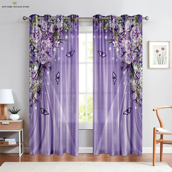 Cortinas De Ventana De Mariposa Y Flores, Cortinas Con ImpresióN 3D, Fibra De PoliéSter, DecoracióN Para Dormitorio, Sala De Estar, Estudio, 2 Piezas W50X130H(Cm)X2Pcs&Grommet Top-image