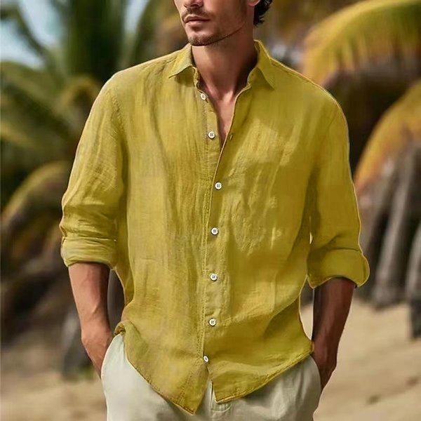 Camisa De Lino Para Hombre Con Botones Camisa De Playa De Verano Color SóLido XL-image