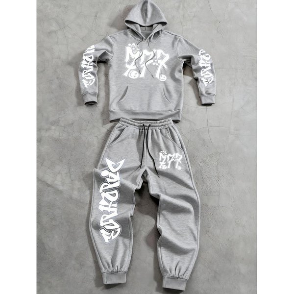 Conjunto De Pantalones Con Sudadera Estampado De Letras Graffiti Con CordóN Y Bolsillo Sudadera Con CordóN Para Exteriores Casual Deportivo Conjunto De 2 Piezas L Gris-image