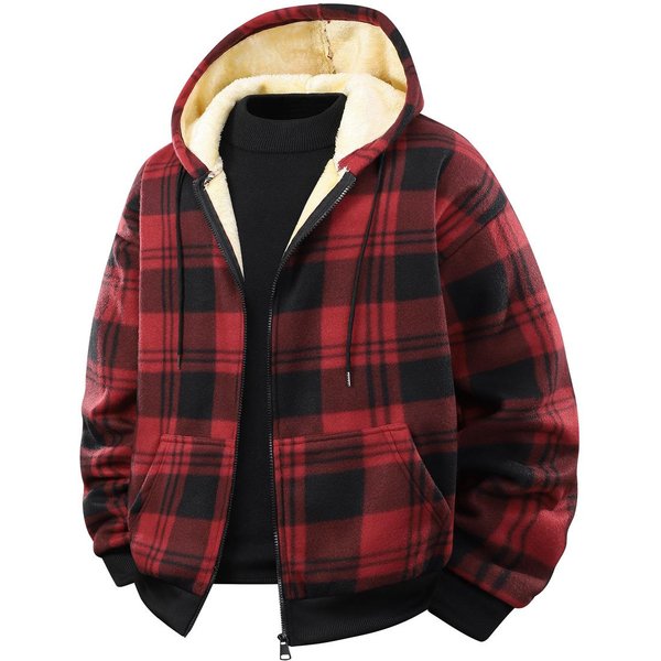 Abrigo De Felpa Para Hombre OtoñO Invierno Nueva Moda Cuadros Manga Larga Cremallera Chaqueta Masculina Engrosar CáLido VersáTil Hombres JóVenes Ropa De Abrigo Con Capucha XL Rojo-image
