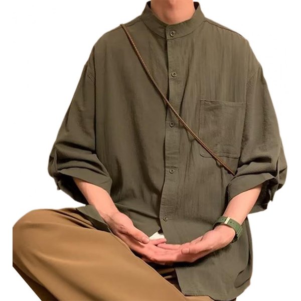 Camisa Casual Simple De Hombre Con Cuello Mao Manga 3/4 Color SóLido Corte Holgado Monopecho Bolsillo De Parche Tops Ropa De Trabajo M Verde-image