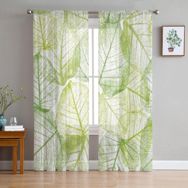 Cortinas Transparentes De Tul Verde Con Hojas Florales Para Ventana De Sala De Estar Dormitorio Cortinas Decorativas Modernas De Gasa Voile Organza 135W X 114H(Cm) Beige-image