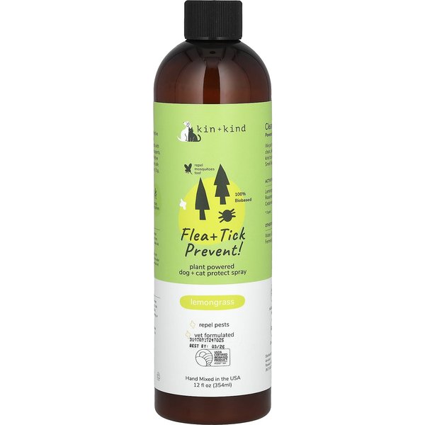 Kin+Kind, śRodek ZapobiegająCy PchłOm I Kleszczom, Spray Ochronny Dla PsóW I KotóW, Trawa Cytrynowa, 12 Fl Oz (354 Ml) Beige-image