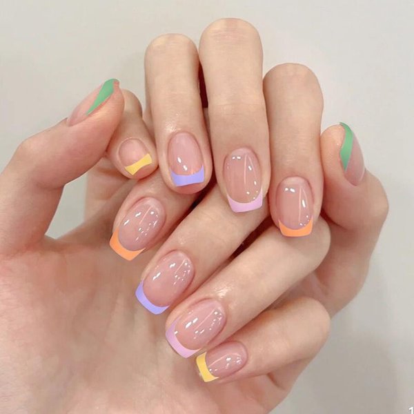 UñAs Cuadradas Postizas Cortas UñAs Falsas Francesas UñAs Adhesivas Coloridas Con DiseñOs 24 Piezas UñAs AcríLicas Brillantes Para Mujeres Y NiñAs-image